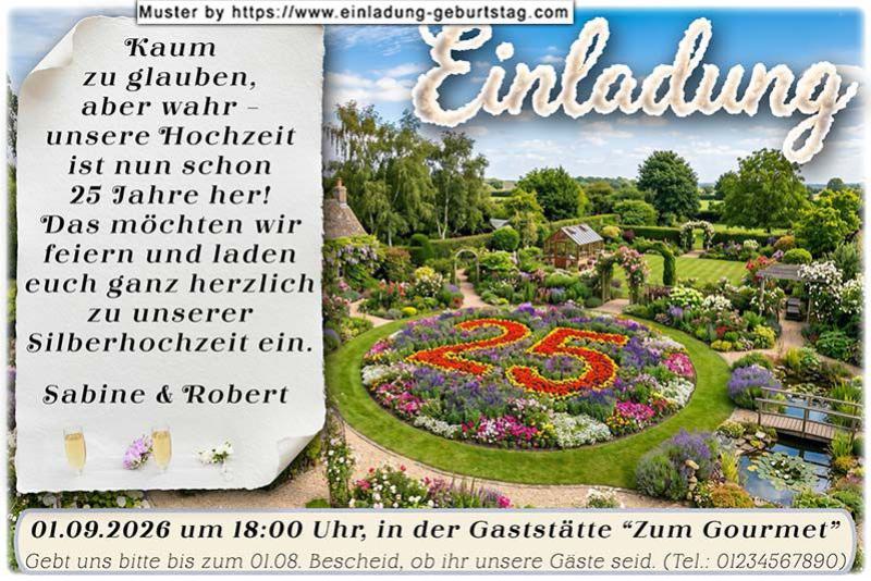 originelle Einladung zur Silberhochzeit - die Zahl 25 als Blumenarangement