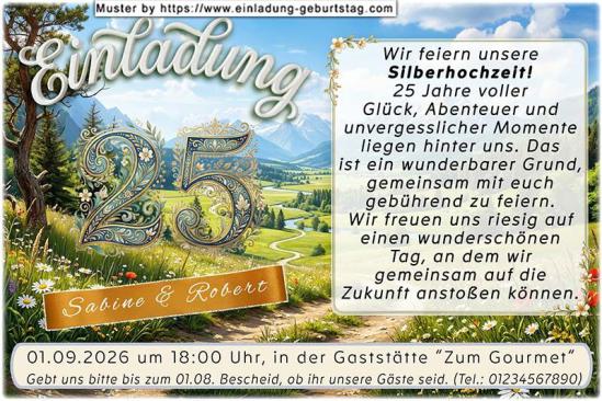 originelle Einladung zur Silberhochzeit - die Zahl 25 vor einem Naturbild