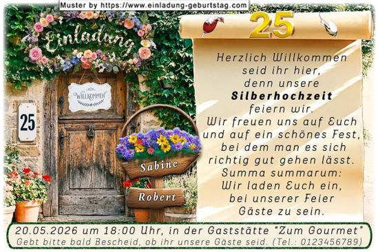 originelle Einladung zur Silberhochzeit - die Haustür mit dem Willkommensschild