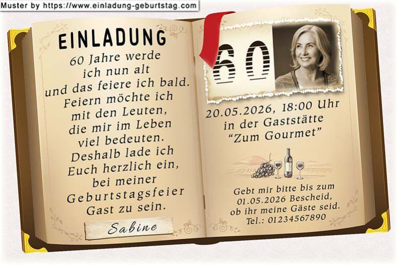 Die Einladungskarte zum Geburtstag im Stil eines aufgeschlagenen Buches. Ihr Foto wird mit einer Sepia Farbüberlagerung versehen und oben rechts eingesetzt.