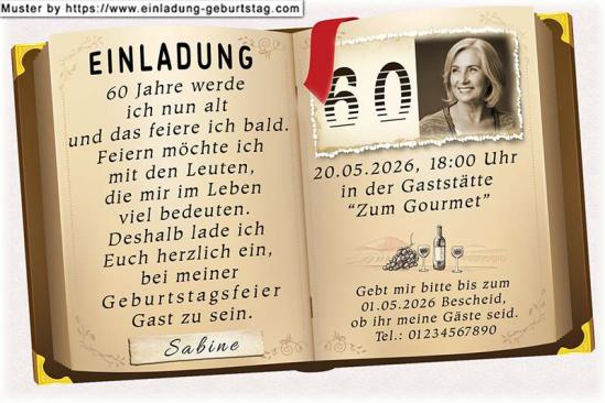 Die Einladungskarte zum Geburtstag im Stil eines aufgeschlagenen Buches. Ihr Foto wird mit einer Sepia Farbüberlagerung versehen und oben rechts eingesetzt.