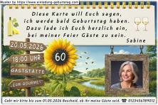 Die Einladung zum Geburtstag mit Ihrem Foto - Ihr Foto wird in den rustikalen Bilderrahmen eingesetzt, der am Textfeld hängt. Ihr Alter wird in eine Sonnenblume eingesetzt.