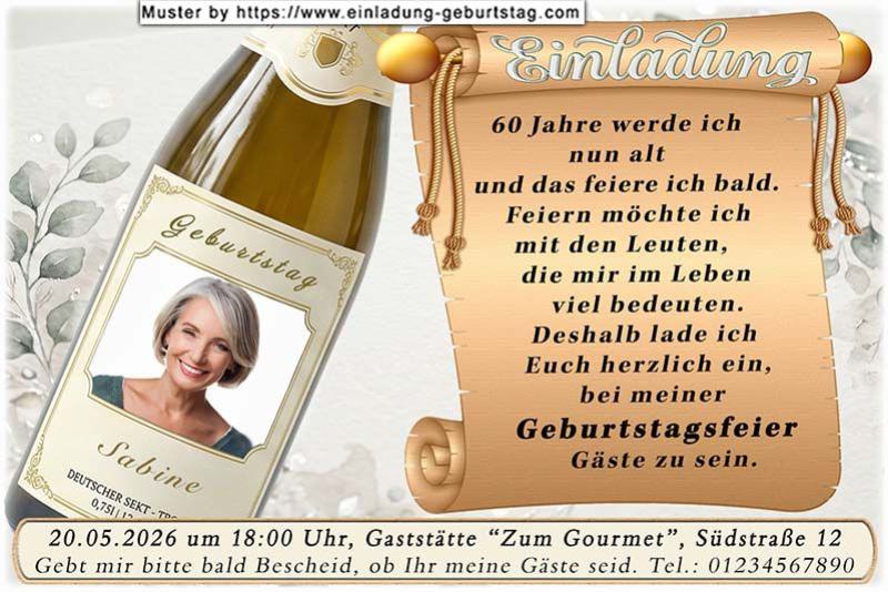 Die Einladung zum Geburtstag mit Ihrem Foto auf einem Etikett einer Sektflasche. Darunter wird Ihr Name eingesetzt. Auf einer originellen Textrolle befindet sich Ihr Einladungstext.