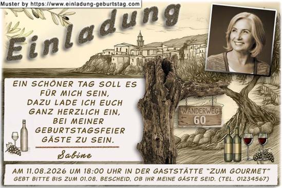 Die Einladungskarte zum Geburtstag komplett im Sepia Farblook. Auch Ihr Foto wird mit einer Sepia Farbüberlagerung versehen und rechts oben eingesetzt.