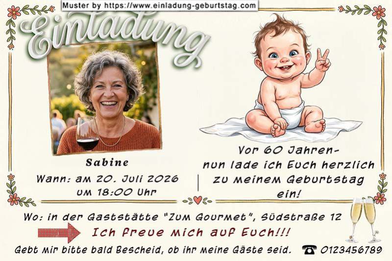Die Einladung zum Geburtstag mit Ihrem Foto. Vor 60 Jahren (jedes beliebige Alter) - neben Ihrem aktuellen Foto befindet sich ein Baby als lustige Karikatur.