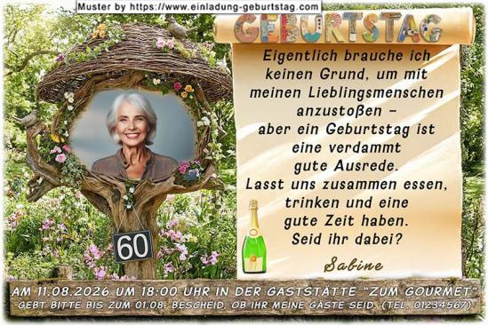 Die Einladung zum Geburtstag mit Ihrem Foto - Ihr Foto wird in den originellen Bilderrahmen eingesetzt. Darunter wird Ihr Alter platziert.