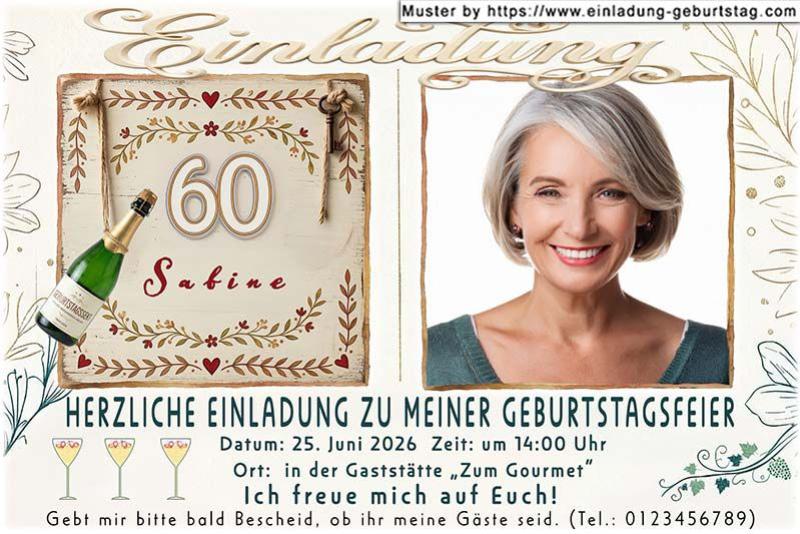 Die Einladung zum Geburtstag mit Ihrem Foto quadratisch zugeschnitten, umgeben von einem dünnen Rahmen. Links daneben befinden sich Ihr Alter und Ihr Name.