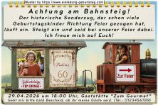 Die Einladung zum Geburtstag mit Ihrem Foto im das Fenster eines Waggons. Ihr Alter (jedes beliebige) und Ihr Name befinden sich rechts daneben.