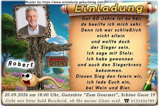 Die lustige Einladung zum Geburtstag mit Ihrem Fotohr in einem von Ketten umgebenen Holzschild. Millionen Spermien und Sie haben gewonnen.