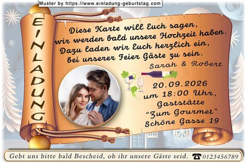 Die Hochzeitseinladung mit Ihrem Foto rund ausgeschnitten auf einer originellen Schriftrolle