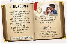 Die Hochzeitseinladung mit Ihrem Foto auf der Seite eines aufgeschlagenen Buches