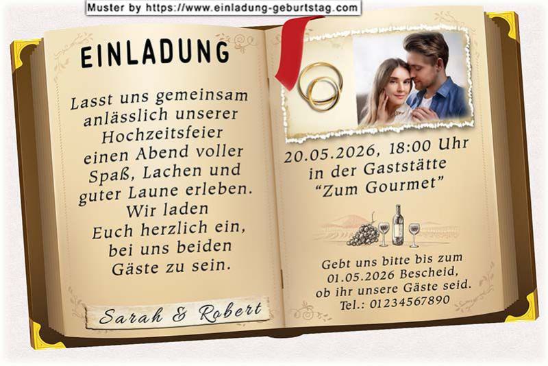 Die Hochzeitseinladung mit Ihrem Foto auf der Seite eines aufgeschlagenen Buches