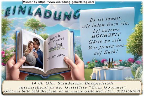 Die Hochzeitseinladung mit Ihrem Foto als Seie eines aufgeschlagenen Buches