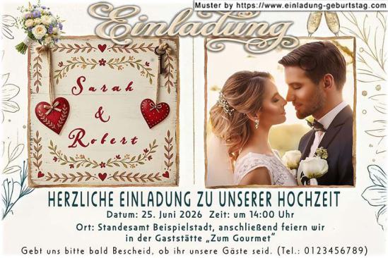 Die Hochzeitseinladung mit Ihrem Foto quadratisch ausgeschnitten neben einem Herzfenster