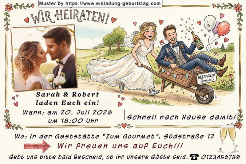 Die lustige Hochzeitseinladung mit Ihrem Foto und einer Karikatur von einem Mann in der Schubkarre