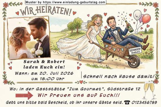 Die lustige Hochzeitseinladung mit Ihrem Foto und einer Karikatur von einem Mann in der Schubkarre