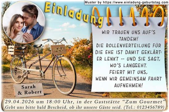 Die Hochzeitseinladung mit Ihrem Foto rund ausgeschnitten über einem Tandem