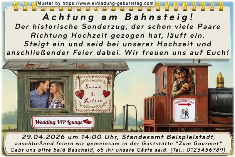 Die Hochzeitseinladung mit Ihrem Foto im Waggon eines lustigen Sonderzuges zu Ihrer Feier