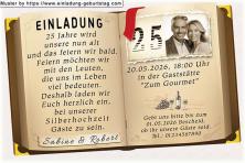 Die Einladung zur Silberhochzeit mit Ihrem Foto auf der Seite eines aufgeschlagenen Buches