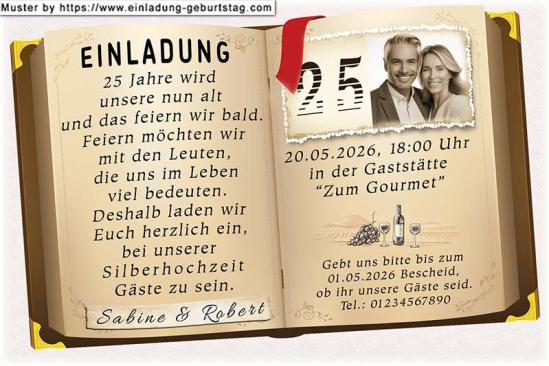 Die Einladung zur Silberhochzeit mit Ihrem Foto auf der Seite eines aufgeschlagenen Buches