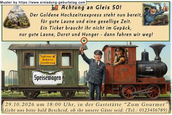 Einladung Goldene Hochzeit lustig - der lustige Sonderzug für Ihre Gäste - ab zur Goldenen Hochzeitsfeier