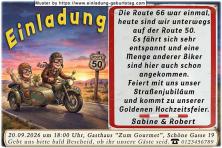 Einladung Goldene Hochzeit lustig - das Paar auf dem Motorrad unterwegs auf der Route 50, die Route 66 war einmal