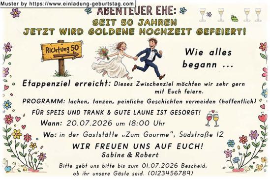 Einladung Goldene Hochzeit lustig - 50 Jahre ist es her - Sie auf dem Weg zum Standesamt