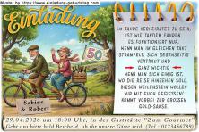 Einladung Goldene Hochzeit lustig - das Paar auf dem Tandem unterwegs im Park