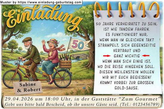 Einladung Goldene Hochzeit lustig - das Paar auf dem Tandem unterwegs im Park