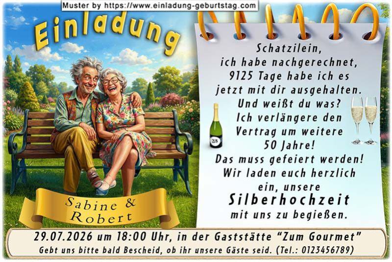 Die lustige Einladungskarte zur Silberhochzeit mit dem Paar auf einer Parkbank