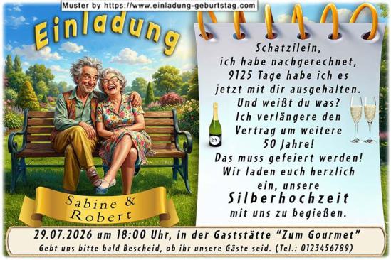 Die lustige Einladungskarte zur Silberhochzeit mit dem Paar auf einer Parkbank