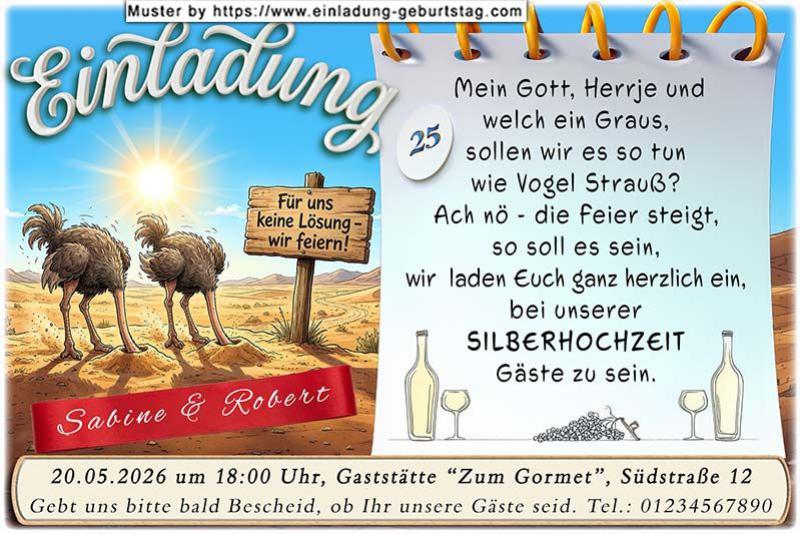 Die lustige Einladungskarte zur Silberhochzeit mit dem Vogel Strauß