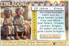 Die lustige Einladungskarte zur Silberhochzeit mit dem Paar auf der Bettkante sitzend