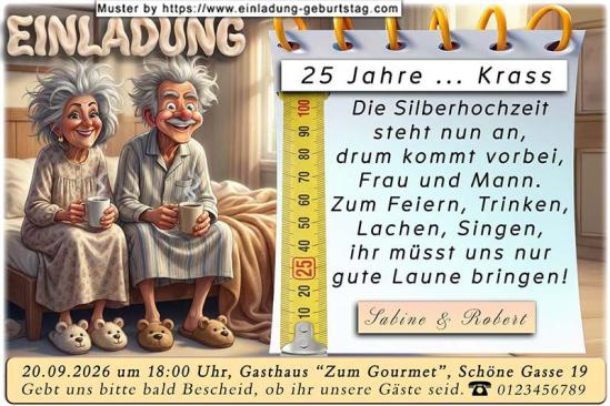 Die lustige Einladungskarte zur Silberhochzeit mit dem Paar auf der Bettkante sitzend