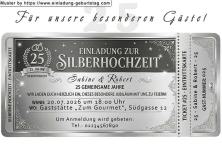 Die lustige Einladungskarte zur Silberhochzeit als silbernes Eintrittsticket für die Gäste