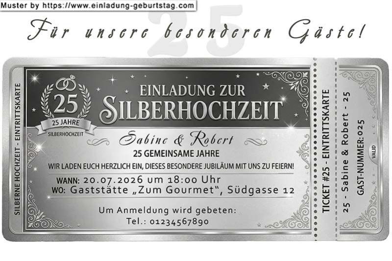 Die lustige Einladungskarte zur Silberhochzeit als silbernes Eintrittsticket für die Gäste