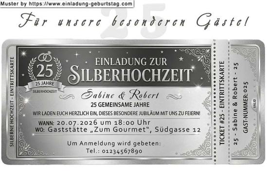 Die lustige Einladungskarte zur Silberhochzeit als silbernes Eintrittsticket für die Gäste