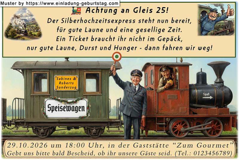 Die lustige Einladungskarte zur Silberhochzeit mit dem originellen Sonderzug