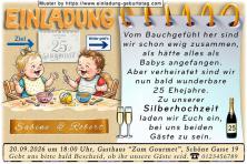 Die lustige Einladungskarte zur Silberhochzeit mit 2 Babys am Esstisch, die sich gut verstehen