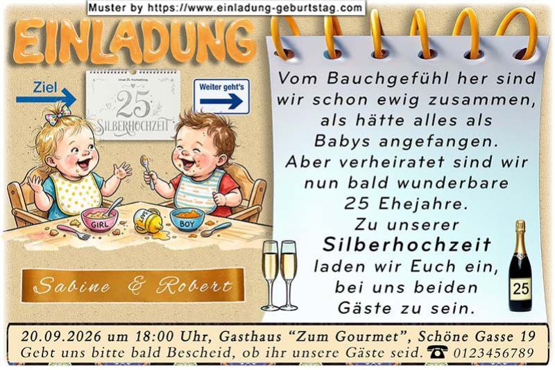 Die lustige Einladungskarte zur Silberhochzeit mit 2 Babys am Esstisch, die sich gut verstehen