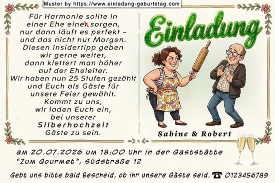 Die lustige Einladungskarte zur Silberhochzeit mit der Frau mit einem Nudelholz, die für Ordnung sorgt