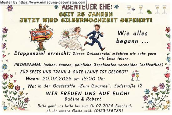 Die lustige Einladungskarte zur Silberhochzeit mit dem Paar schnell auf dem Weg zum Standesamt - vor 25 Jahren