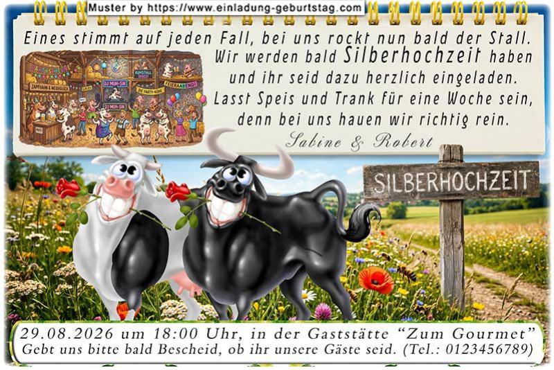 Die lustige Einladungskarte zur Silberhochzeit mit Bulle und Kuh, beide eine Rose im Maul