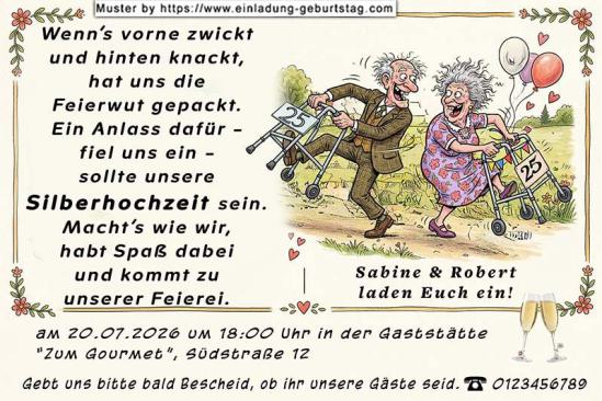 Die lustige Einladungskarte zur Silberhochzeit mit Mann und Frau am Rollator, tanzend und mit viel Spaß
