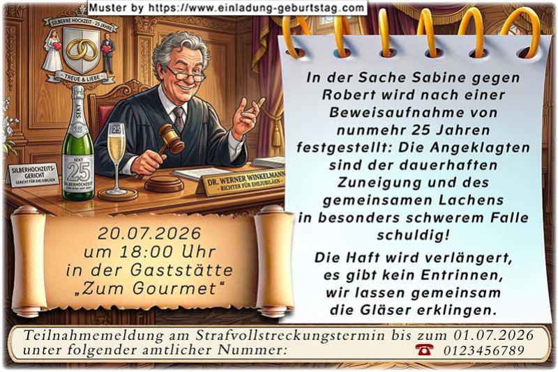 Die lustige Einladungskarte zur Silberhochzeit mit dem witzigen Urteilsspruch