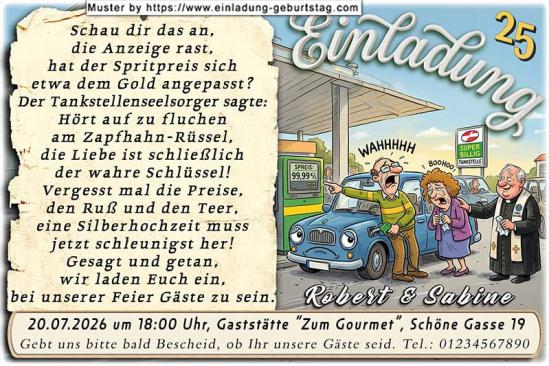 Die lustige Einladungskarte zur Silberhochzeit mit dem Preisschock an der Tankstelle - ein Tankstellenseelsorger hilft