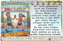 Die lustige Einladungskarte zur Silberhochzeit mit dem sportlichen Paar auf der Ziellinie - 25 Jahre geschafft