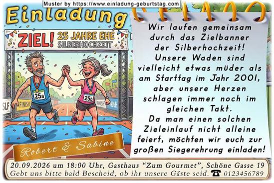 Die lustige Einladungskarte zur Silberhochzeit mit dem sportlichen Paar auf der Ziellinie - 25 Jahre geschafft