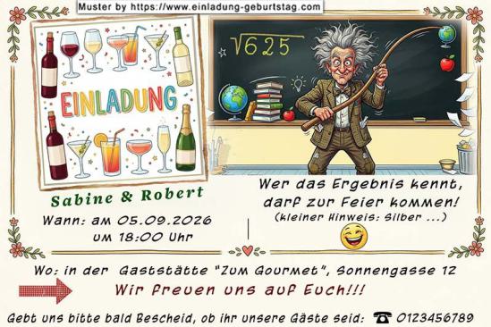Die lustige Einladungskarte zur Silberhochzeit mit dem Lehrer vor einer Tafel - eine besondere Aufgabe zum lösen für die Gäste