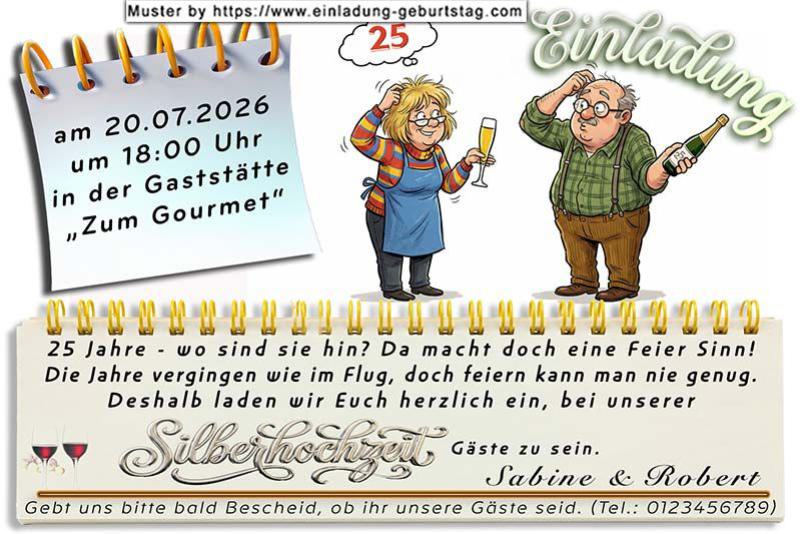 Die lustige Einladungskarte zur Silberhochzeit mit dem nachdenklichen Ehepaar